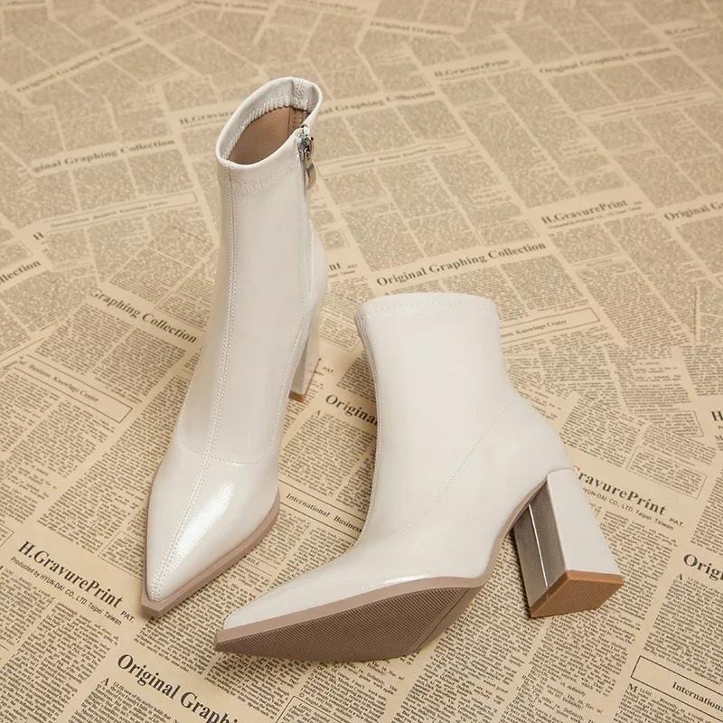 Autumn Womnen's High Heel Ankle Boots New Winter Plus Velvet Pointed Toe Chunky Heel Chelsea Boots for Women Heeled Sheos Dress