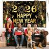 2026 Happy New Year Banner 5.9×3.6Ft Black and Gold 2026 New Year Backdrop for Eve Party Decorations Supplies Large Photo Backdrop Wall Decorations