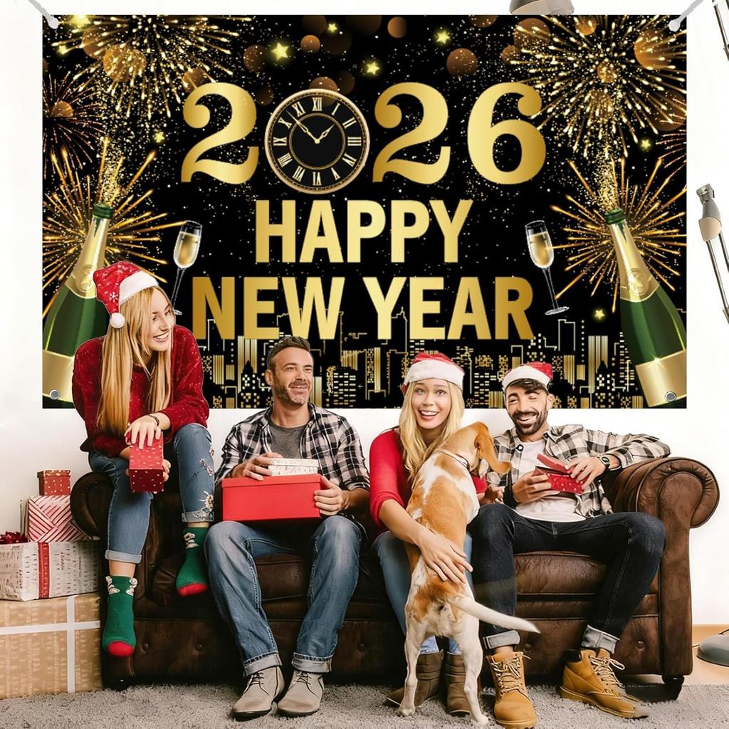 2026 Happy New Year Banner 5.9×3.6Ft Black and Gold 2026 New Year Backdrop for Eve Party Decorations Supplies Large Photo Backdrop Wall Decorations
