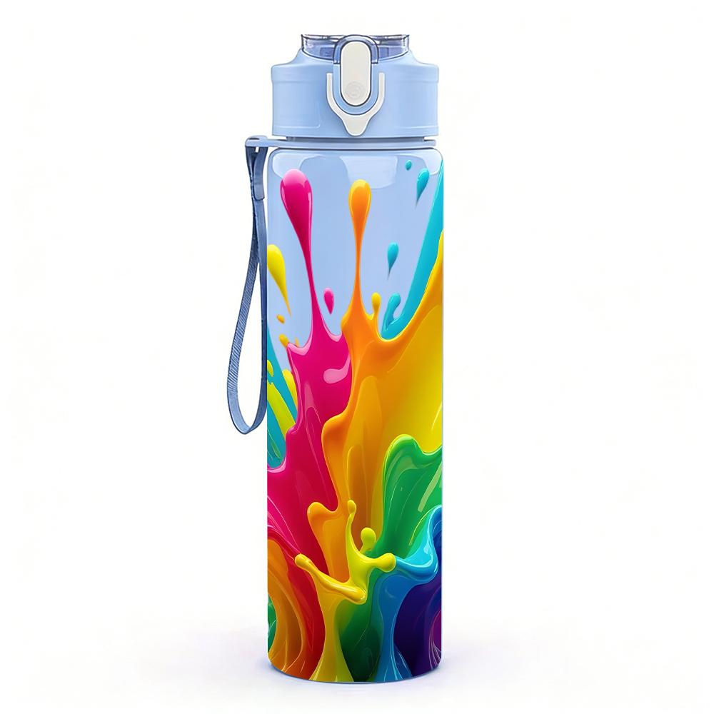 1 Stück Bunte Regenbogen-Tintenspritzer 750ml Farbige Kunststoff-Wasserflasche Auslaufsicherer Klappdeckel mit Strohhalm Für Sport, Büro, Zuhause