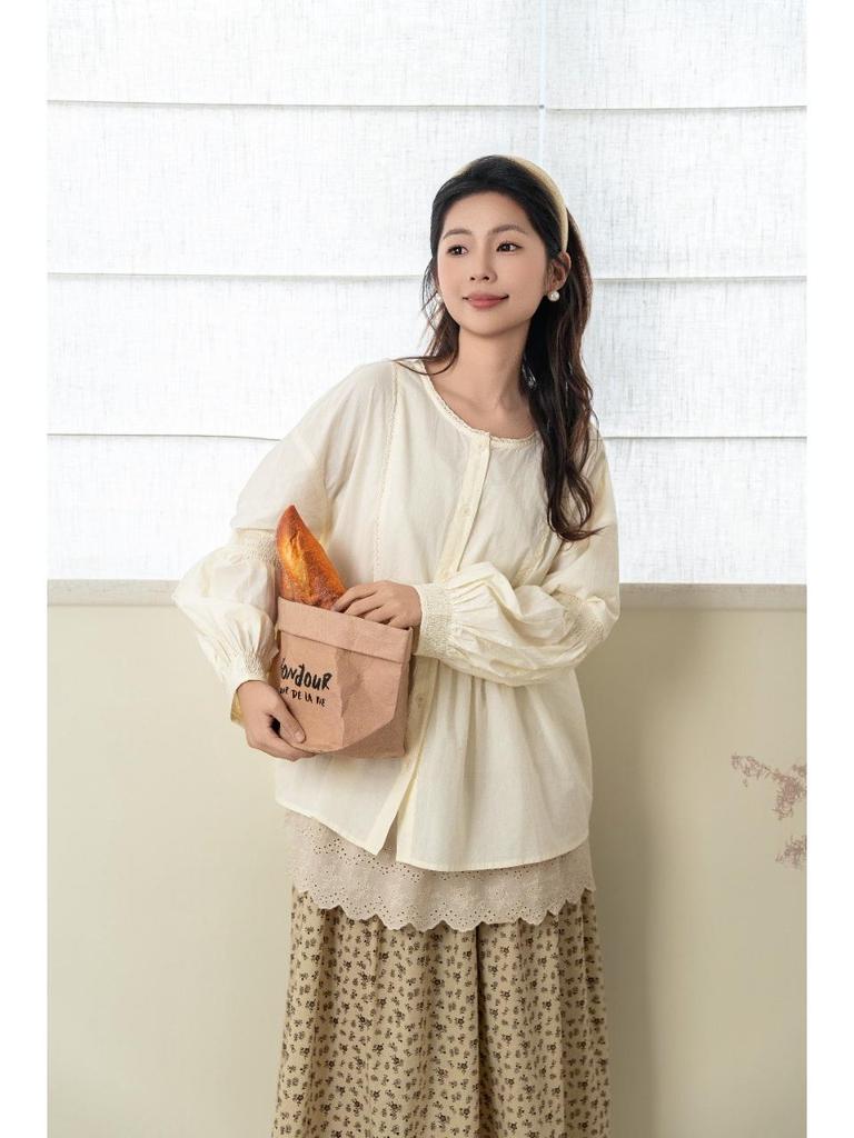 2026 Spring Women's Sweet Puff Sleeve Cardigan, Round Neck, Loose Slimming Cotton Long Sleeve Top