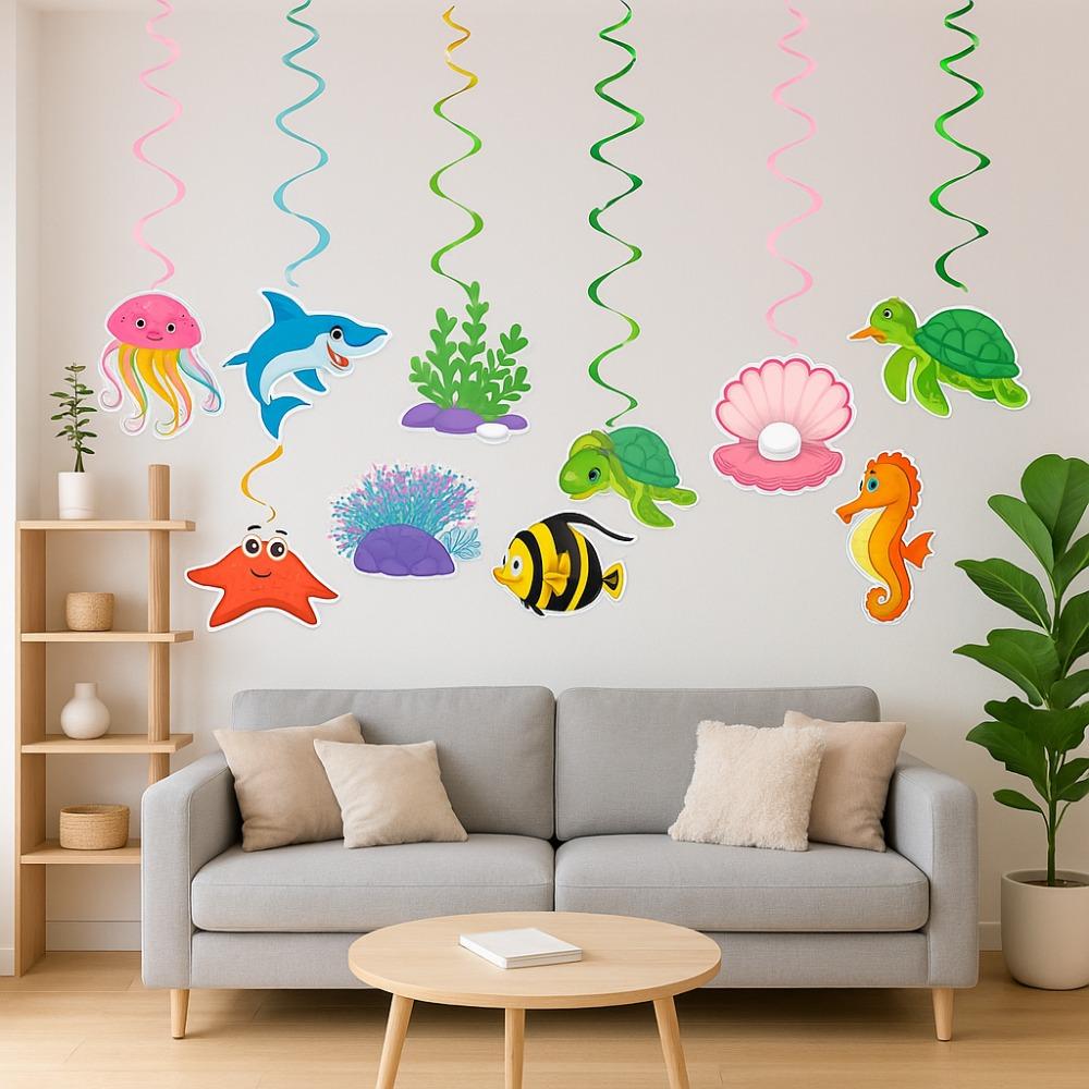 

Colorful Hawaiian Spiral Ornaments Fish Octopus Summer Theme Pendant Birthday Party Decor 9pcs