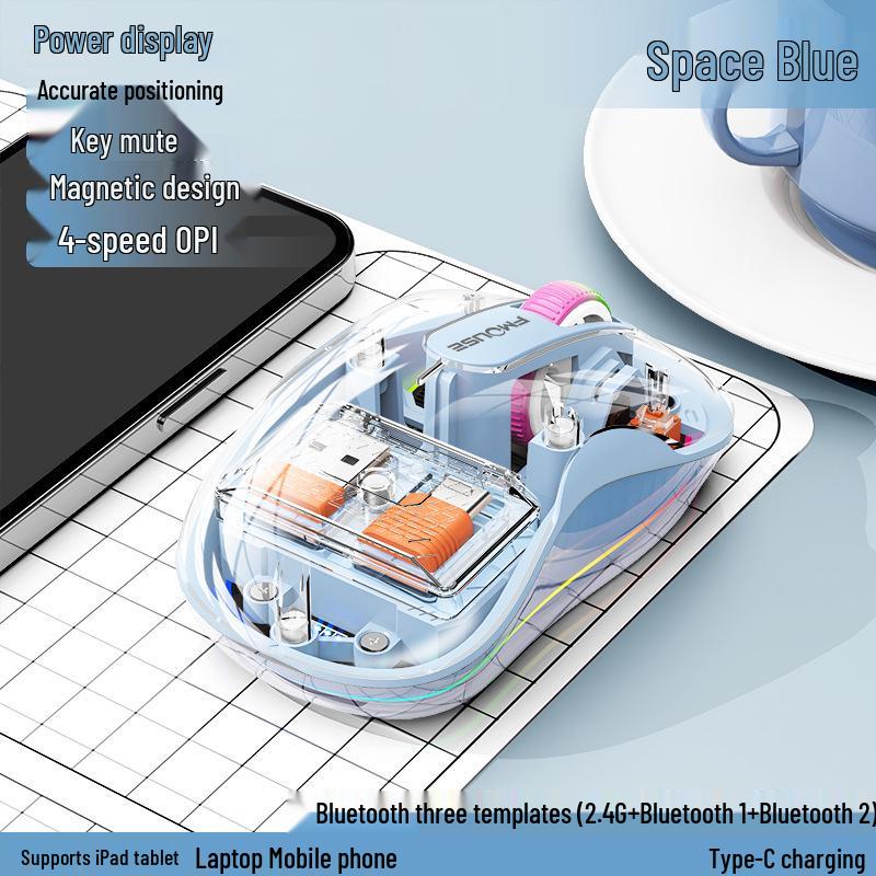 Bobcat Silent Bluetooth Mouse - Transparent, Wireless, 3 Modes, TYPE-C Charging, Universal Compatibility