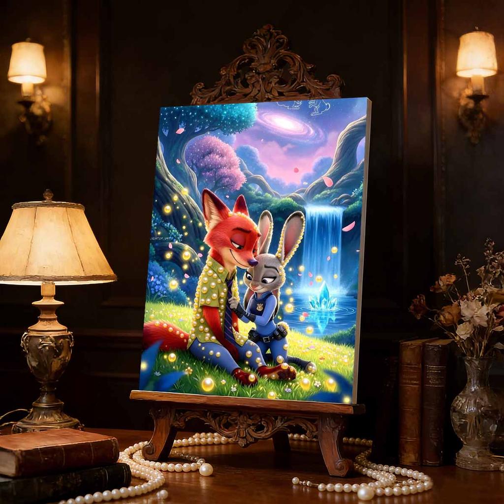 Disney Zoo Tycoon Starry Waterfall Decor with Judy and Nick the Fox Pearl Accents 5D Pearl Puzzle Embroidery Home Decor Handmade Gift