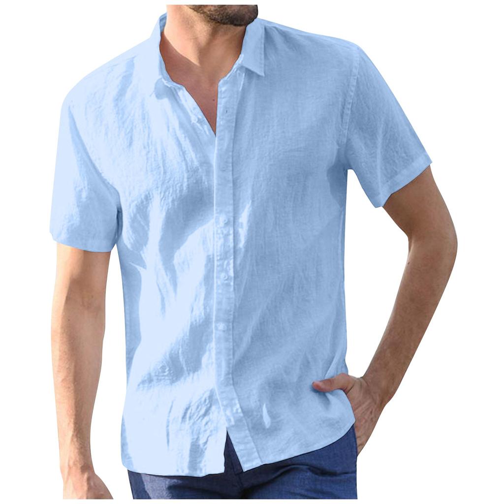 Summer Men's Lapel Button Short Sleeved Cotton Linen Shirt Casual Top