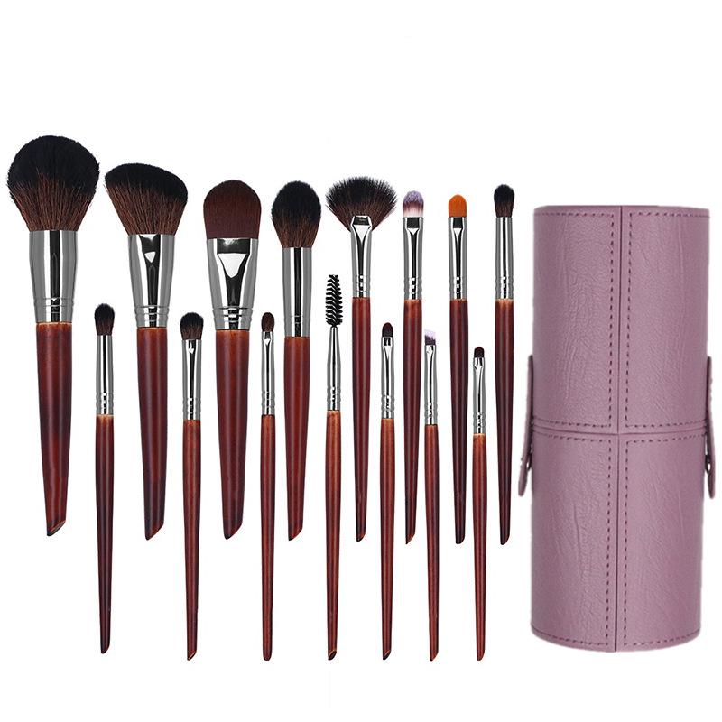 15-Piece Animal Hair Makeup Brush Set - Sandalwood Eyeshadow & Highlighter Brushes for Makeup Artists