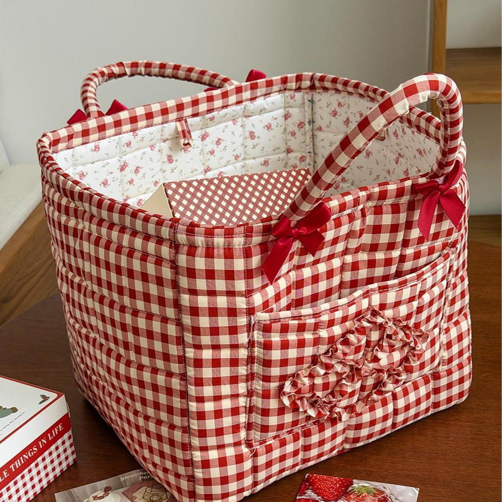 ed Plaid Storage Basket with Bow, High-Glamour Collapsible Laundry Hamper, Lightweight Foldable Bin for Snacks Toys Clothes