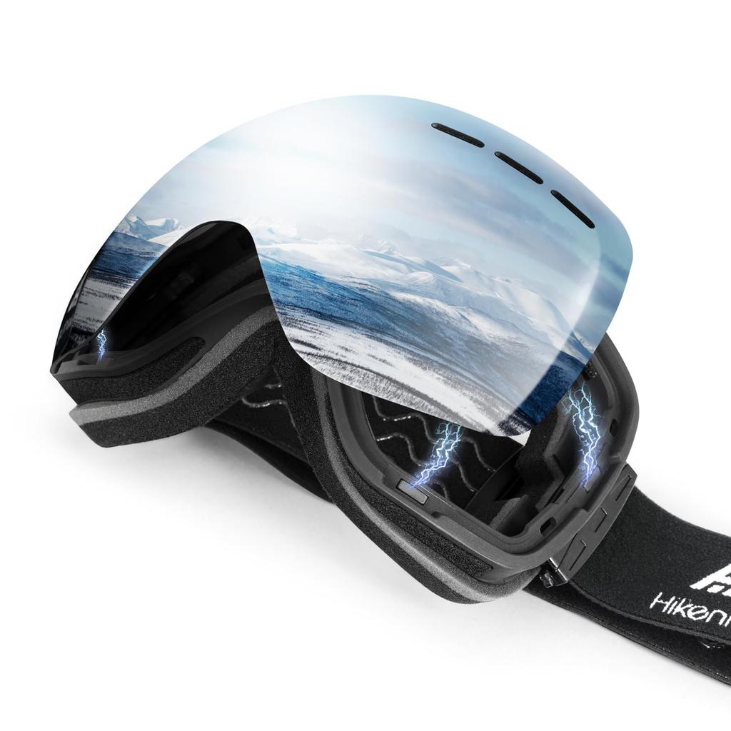 HIKENTURE Ski Glasses Wide Field of Perfect for Winter and Interchangeable Lenses Black Goggles, Compatible, Anti-Fog, 180° View, Dual-Layer Lens,