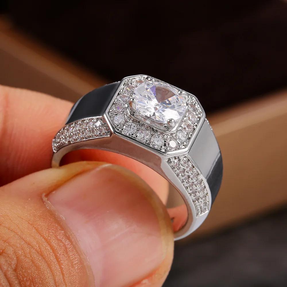 Luxury  Sterling Silver Men AAA Crystal Zircon Stone Wedding Ring Brilliant Noble Engagement Engage Party Plata Rings Stamp