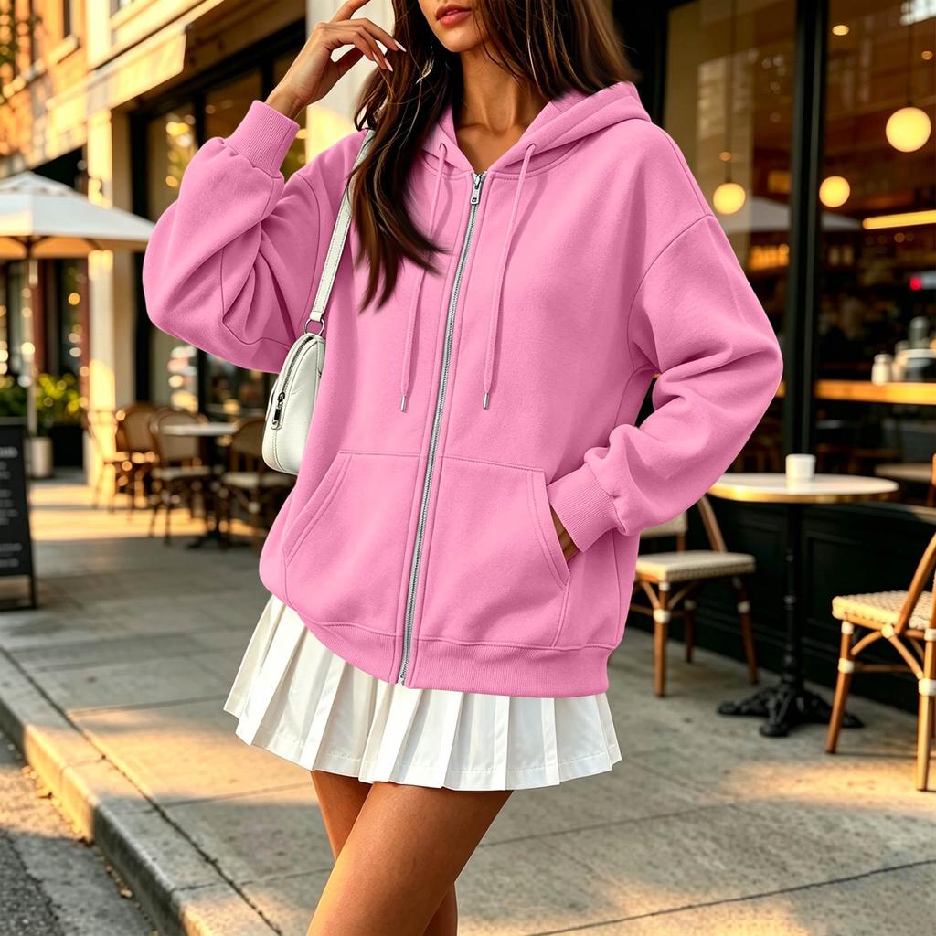 Women's Long Sleeve Color Hooded Loose Fit Zip-Up Jacket
