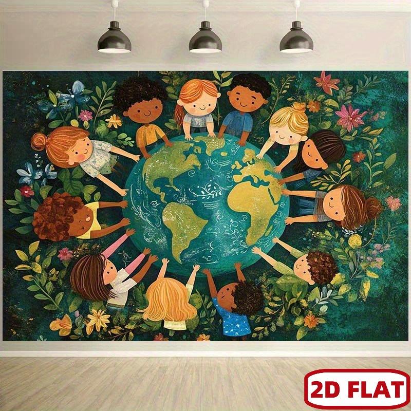 2D plan, featuring one Earth and a unified theme background, surrounded by various children and vibrant flowers and leaves