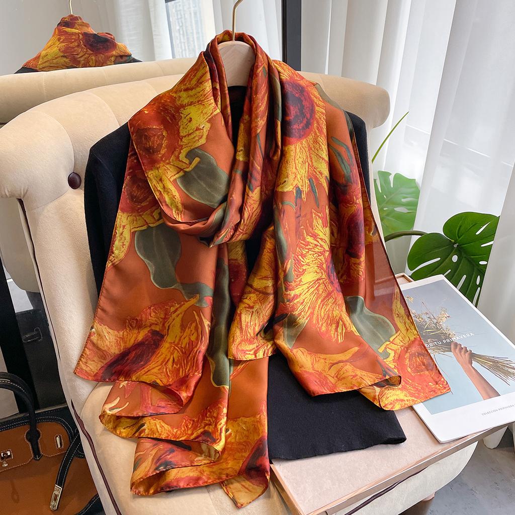 New Simulated Silk Printed Scarf for Women's Autumn and Winter Warmth Scarf Fashionable and Fashionable Foreign Style Shawl