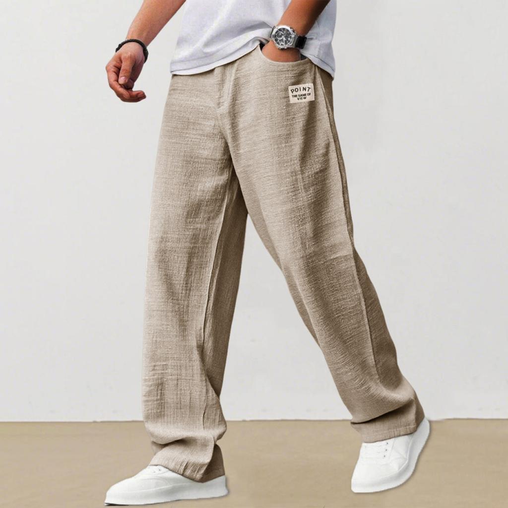 Men's Casual Loose Fit Linen Trousers Lightweight Breathable Straight Leg Pants Elastic Waist Drawstring Design