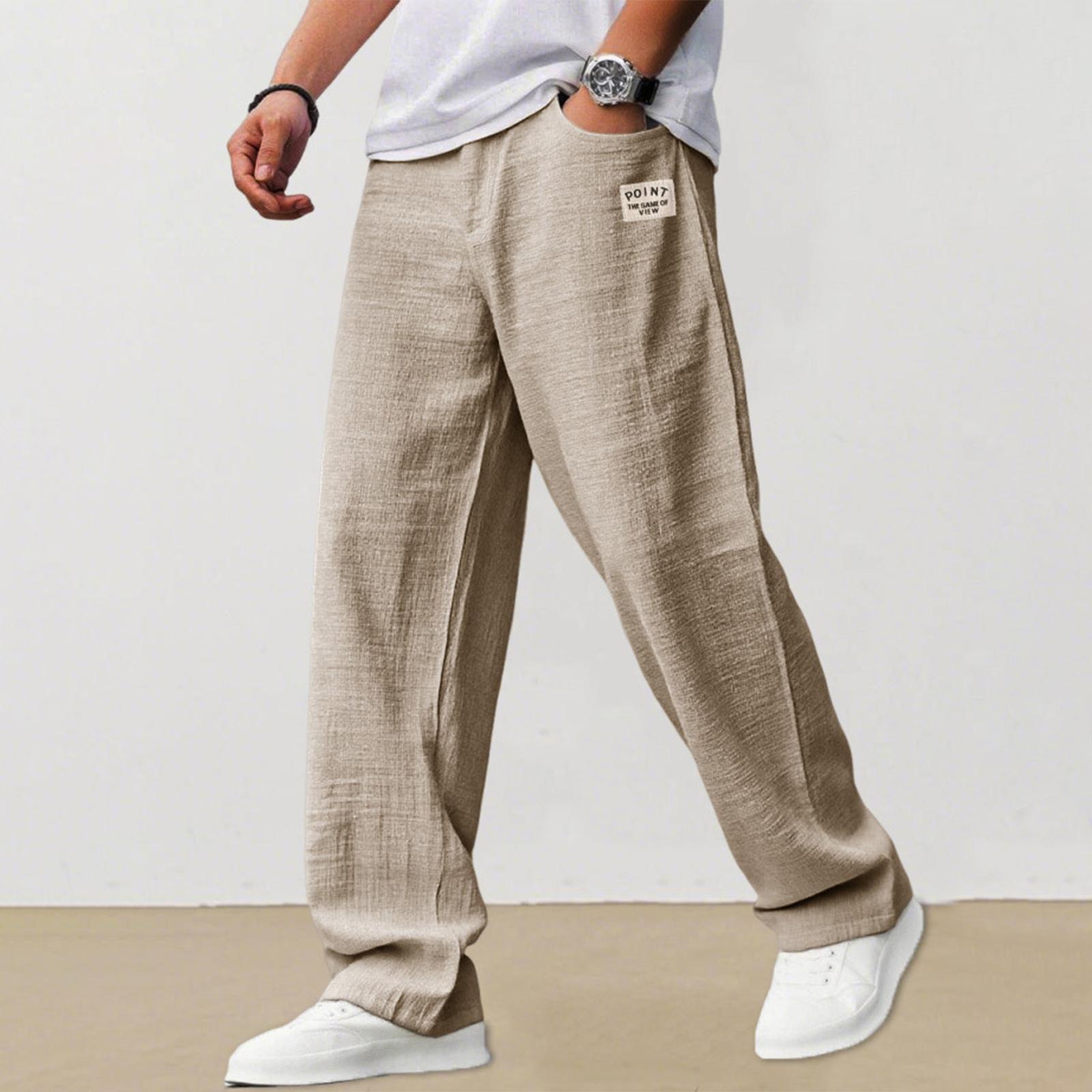 Xingben Seven Heren Casual Losse Linnen Broek Lichtgewicht Ademend Rechte Pijp Elastische Taille Trekkoord Ontwerp L kaki
