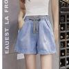 2026 Summer Women's Plus Size Elastic High-Waist Loose Wide-Leg Denim Shorts with Lace-Up