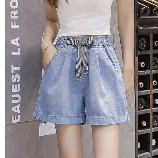 2026 Summer Women's Plus Size Elastic High-Waist Loose Wide-Leg Denim Shorts with Lace-Up