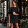 Women's Round Neck Mesh Puff Sleeve Floral Loose Fit Straight Short Dress
