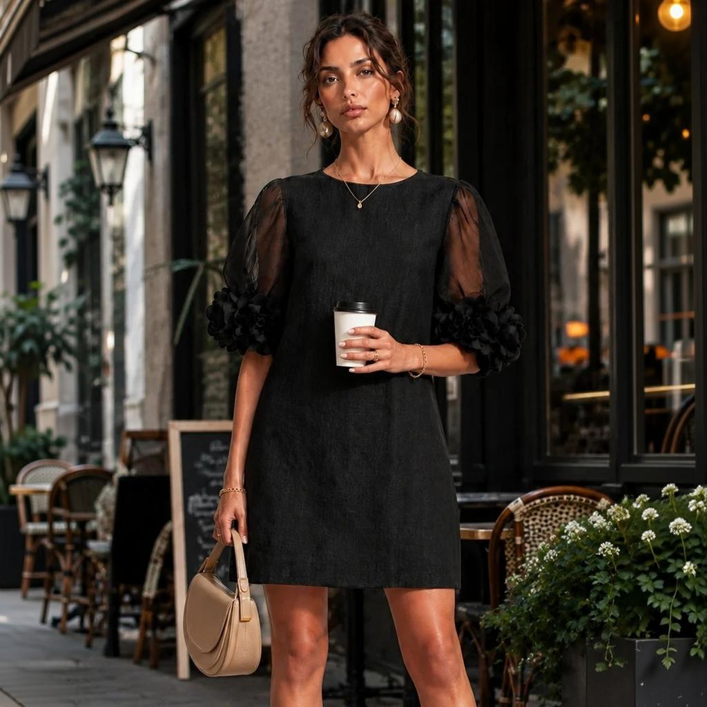 Women's Round Neck Mesh Puff Sleeve Floral Loose Fit Straight Short Dress