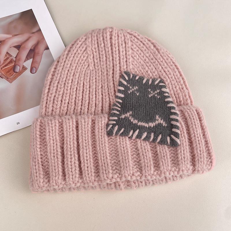 Expression Pattern Embroidery Knit Hat Women Autumn Winter Warm Thick Earmuff For Casual Outdoor Use