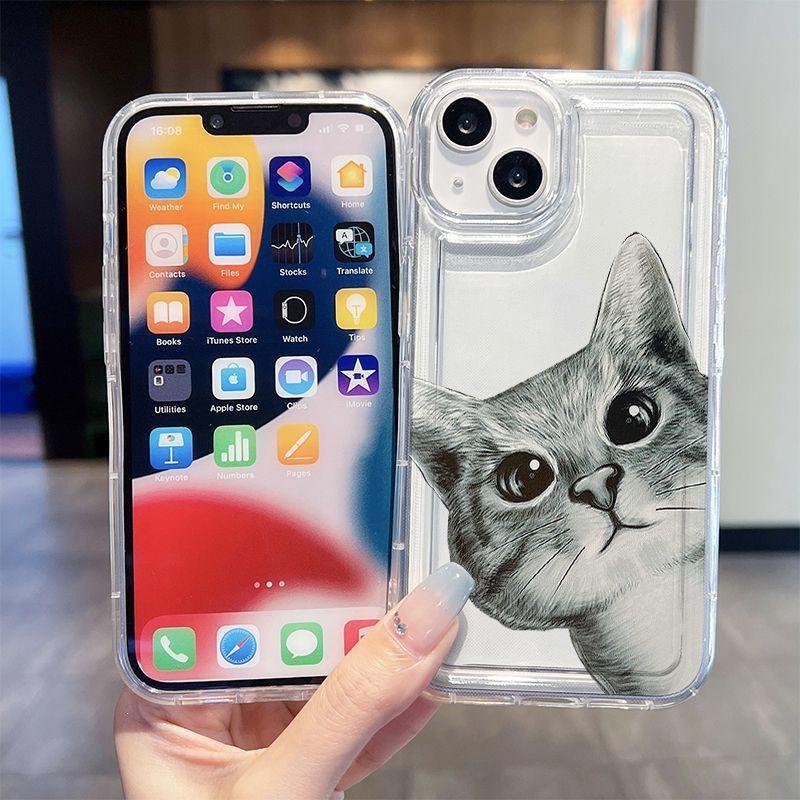 Cat-Compatible Cartoon iPhone 15/15 Pro/15 Pro Max Case - Drop-Proof, Transparent, Air Cushion Protection