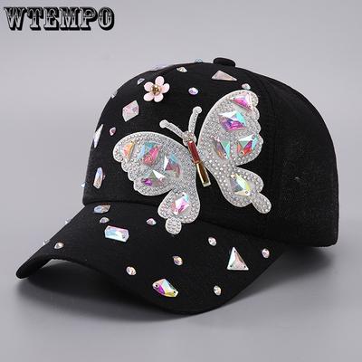 Boné de Beisebol Strass Borboleta Feminino Aba de Pato Quebra-Sol Boné de Beisebol Feminino