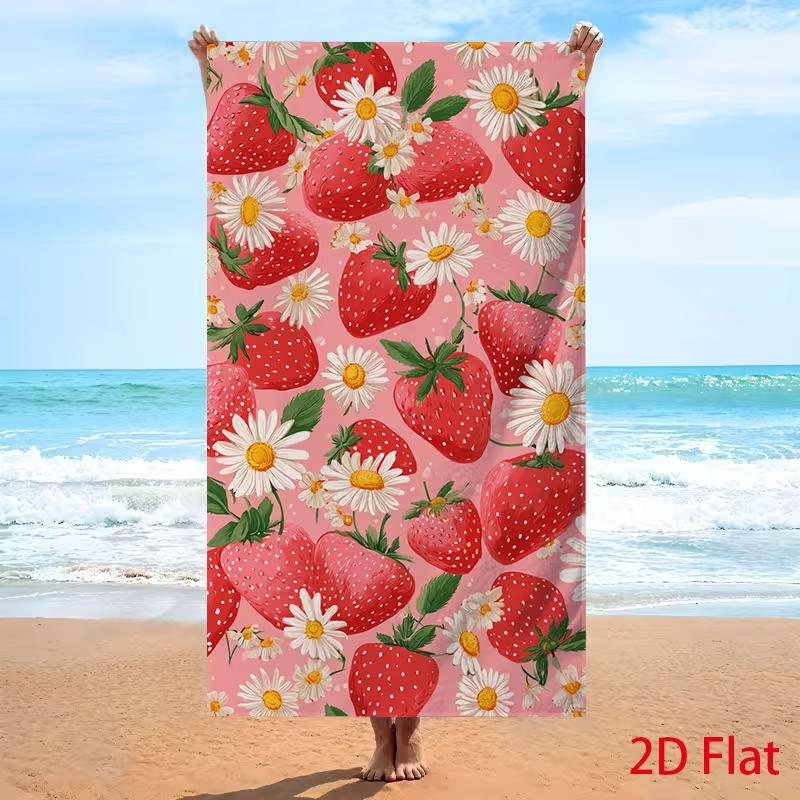 Sweet Girly Strawberry Daisy Floral Beach Towel Cute Fruit Print Quick Dry Absorbent Sand-Free Towel for Beach Travel Camping