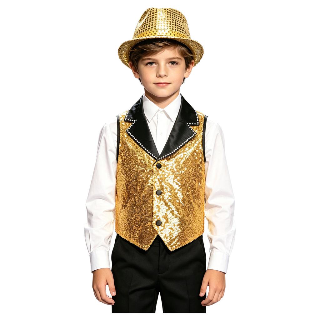Boys Contrasting Lapel Collar Sleeveless Shiny Sequin Vest Sequined Hat Jazz Dance Performance Set