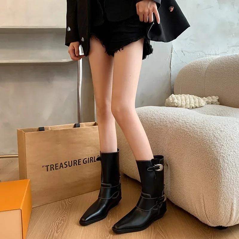 2025 Hot Sale Women's Shoes Mid-Calf Women's Boots Elegant Modern Boots Women Buckle Pointed Toe Slip on Low Heel Shoes Women