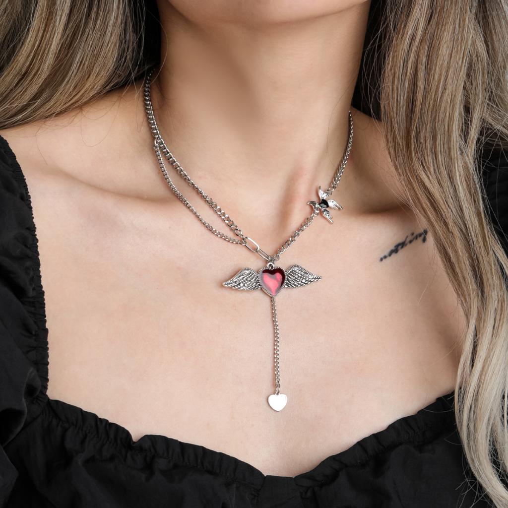 BLINGBAY Women's Pendant Necklace New Personality Sweet Cool Dark Necklace Creative Love Wings Pendant Clavicle Chain Girl Birthday Gift