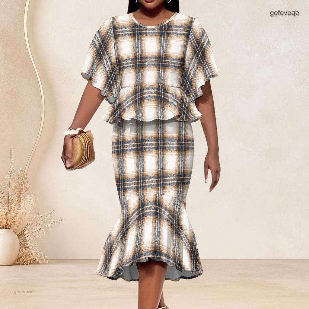 Women Plus Size Printed Round Neck Ruffle Sleeve Ruffle Hem Top Fishtail Skirt Two Piece Set