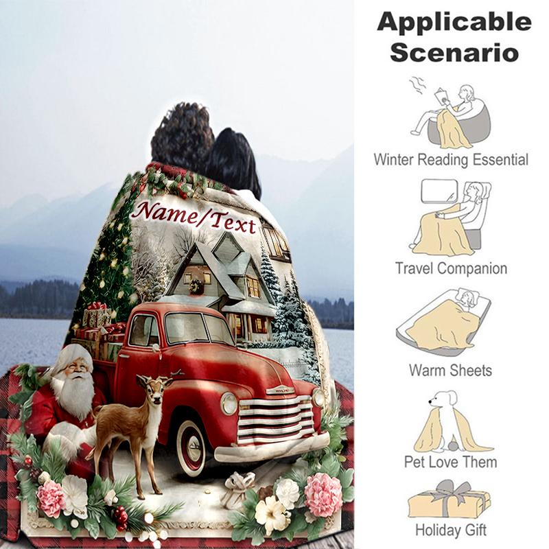 1PC Custom Name Christmas Vintage Truck Scene outdooor Flannel blankets Throw Blanket All-Season Throw Gift Bedspread for Couch, Bed, Camping Holiday 