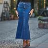 High-Waisted Denim Skirt With Fishtail Hem Stretchy Blue Midi Streetwear Casual Office Wear