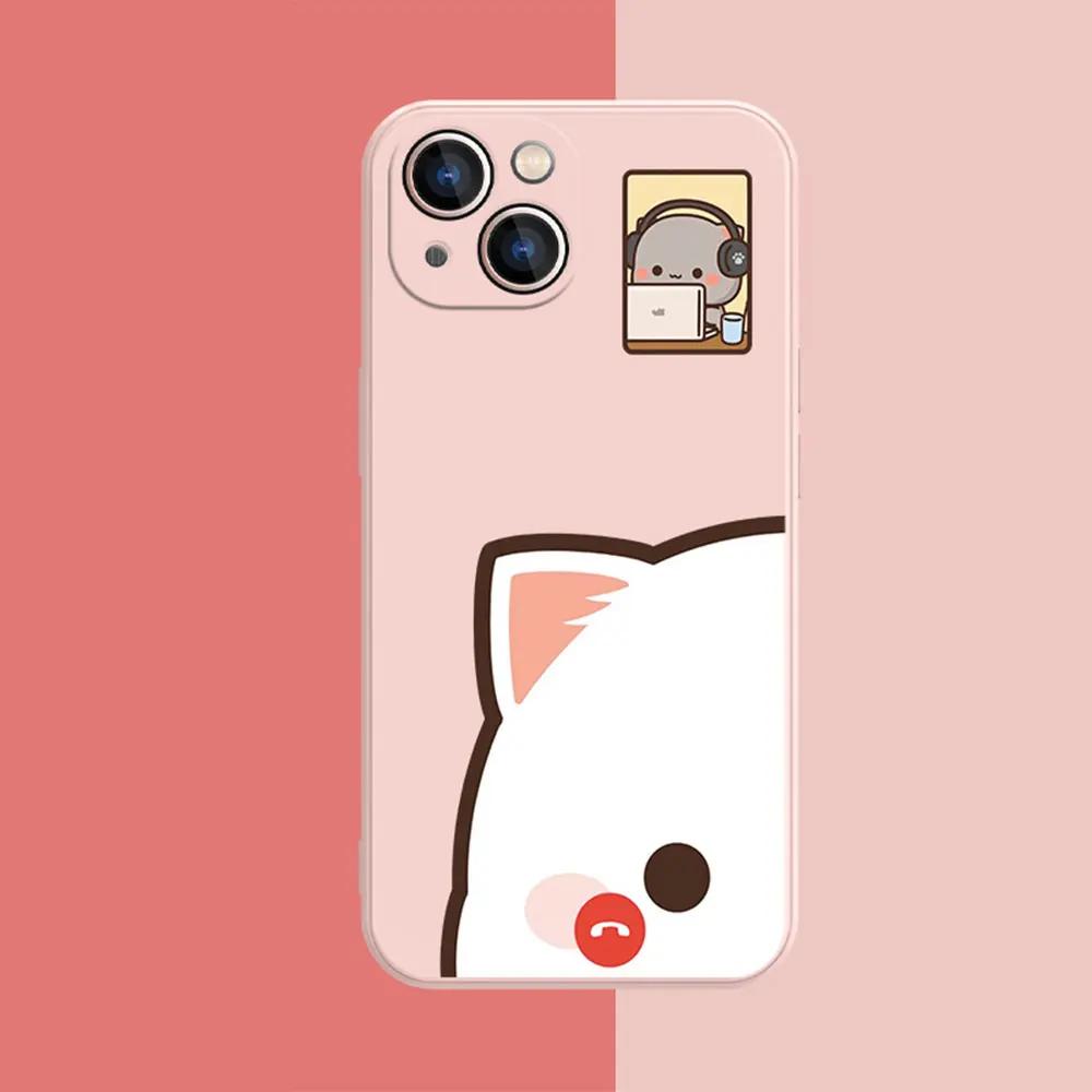 Cute Couple Cats on Call Pattern Phone Case for iPhone 17 16 15 14 13 12 11 16E Series Pro Max Plus Double Layer Protection