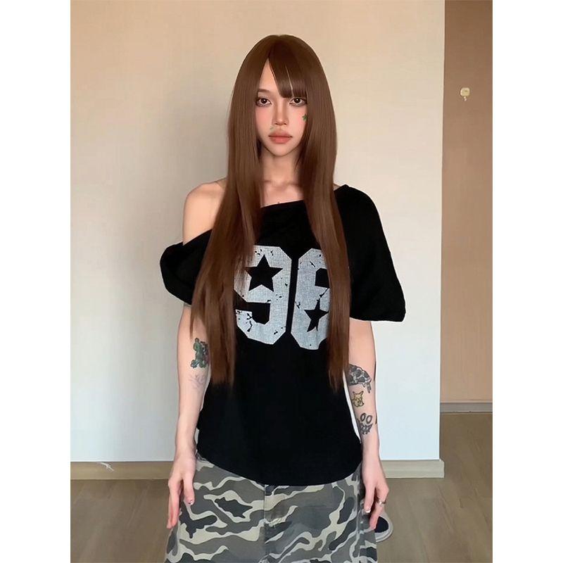 

American vintage Sloping Shoulder Digital Print Black Short sleeve T-shirt Women Summer Loose Slimming Gyaru off-Shoulder Top Fashion Black L