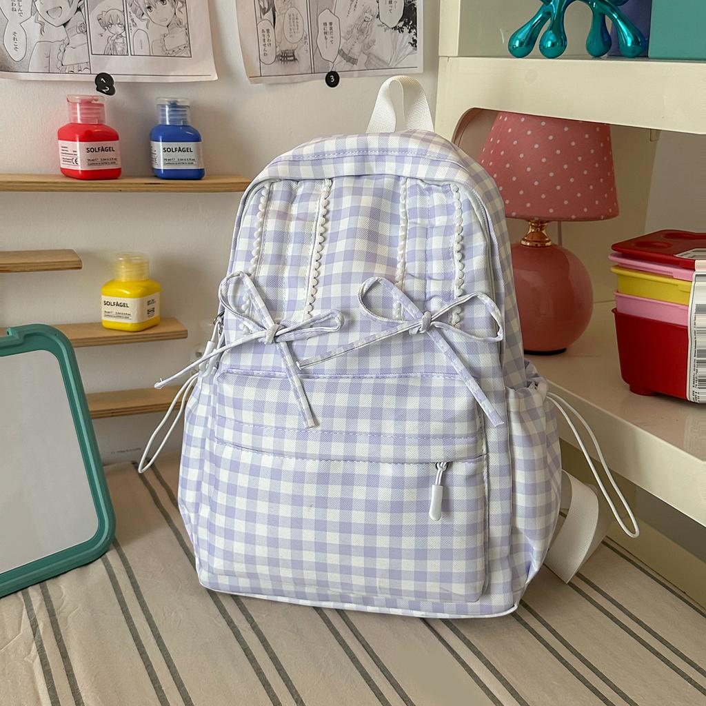 Schoolbag Fresh Light Blue Plaid Bow Girl Heart Backpack Primary School Students Literature Class Shopping Travel Versatile Schoolbag