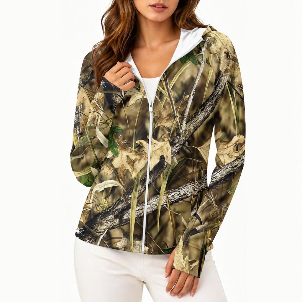 Women's Lightweight Long Sleeve Zip Up Hoodie with Pockets and Printed Design Sun Protection Jacket for Outdoor Activities