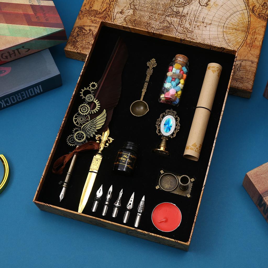 Literary And Retro Quill Gift Box, Gem Pen Set, Mechanical Gear, Steampunk Dipping Pen Gift.