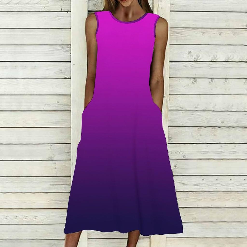 Übergroßes ärmelloses Damenkleid mit Rundhalsausschnitt Lebendiges verstreutes Blumenmuster Lockeres Outfit bis zur Wade
