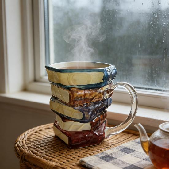 Picture Book Coffee Cup 3D Book Stacking Novel Inspired Mug 420ml Hand-Drawn Artistic Literary Mug for Book Lovers Teachers Librarians