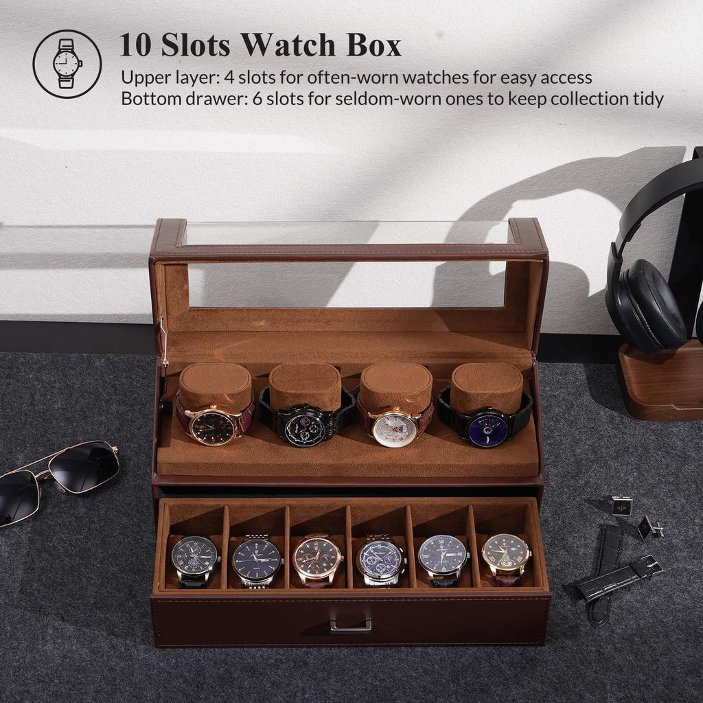ProCase Watch Watch Display Stand with Acrylic Watch Display Case with Watch Watch Holder Organizer for Men and Women Men's Case, 10-Slot Lid, Drawer,