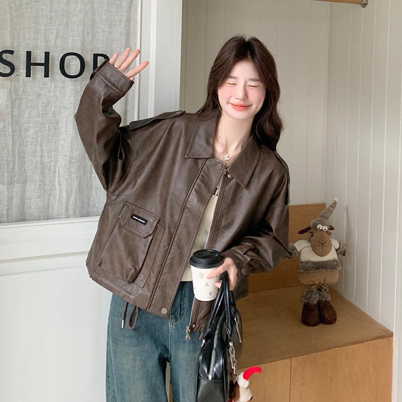 

Дизайнерское чувство моды, повседневная кожаная куртка, весенне-осенняя новинка, свободный кожаный жакет-топ XL темно-коричневого