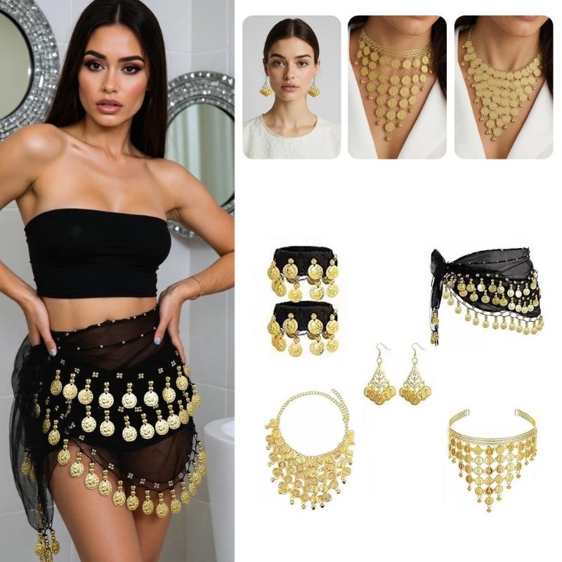 Belly Dance Accessories,Belly Dance Hip Scarf Wrap Belt,Coin Drop Earrings Hair Chain Bracelet Gypsy Costume for Women