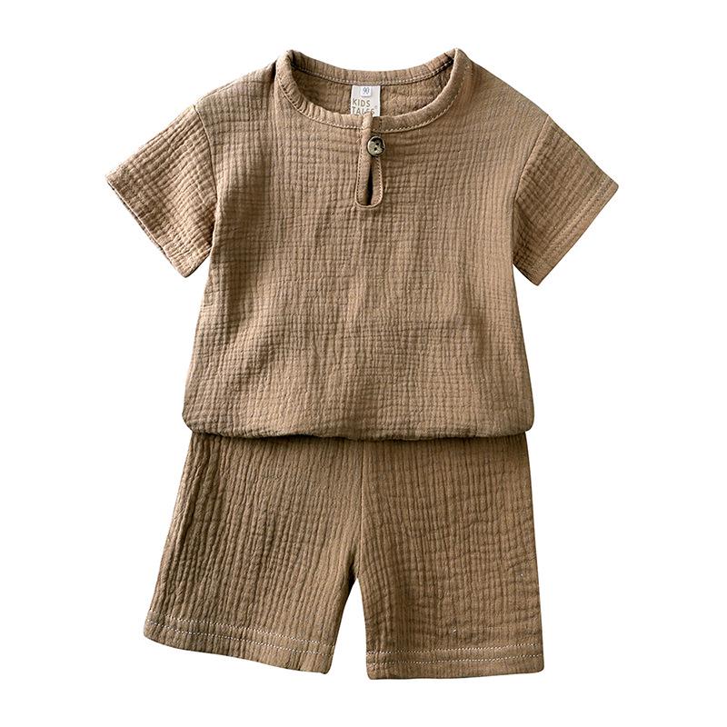 Summer Simple Cotton Linen Two-Piece Set: Breathable Short Sleeve and Shorts for Boys and Girls