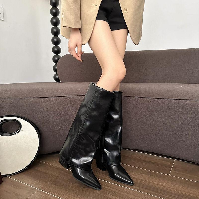 Fashion Leather Pointed Toe Women's Long Boots Autumn Winter High Heels Ladies Knee High Shaft Shoes New Rock Trend 2025 Fashion Boot