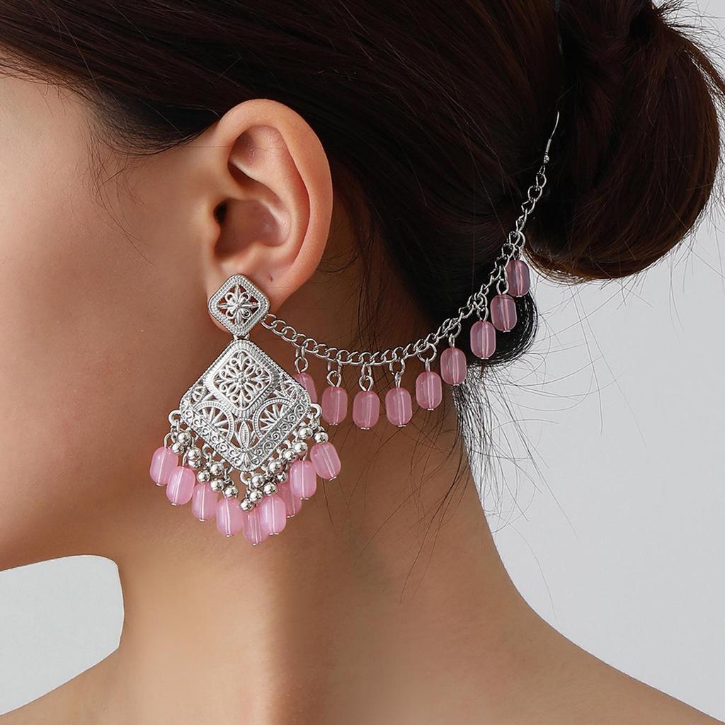 Bohemian Exotic Rhinestone Tassel Necklace & Earrings Set In Antiqued Alloy