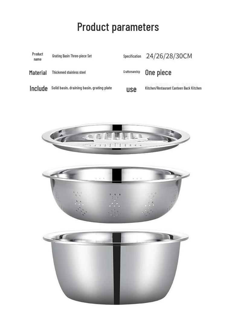 Stainless Steel 3-Piece Vegetable Cutter & Grater Set with Multifunctional Wash and Drain Basin