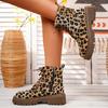Women's Leopard Print Boots  Side Zip Comfortable Thick Bottom Flat Boots  Winter Round Toe Short Boots