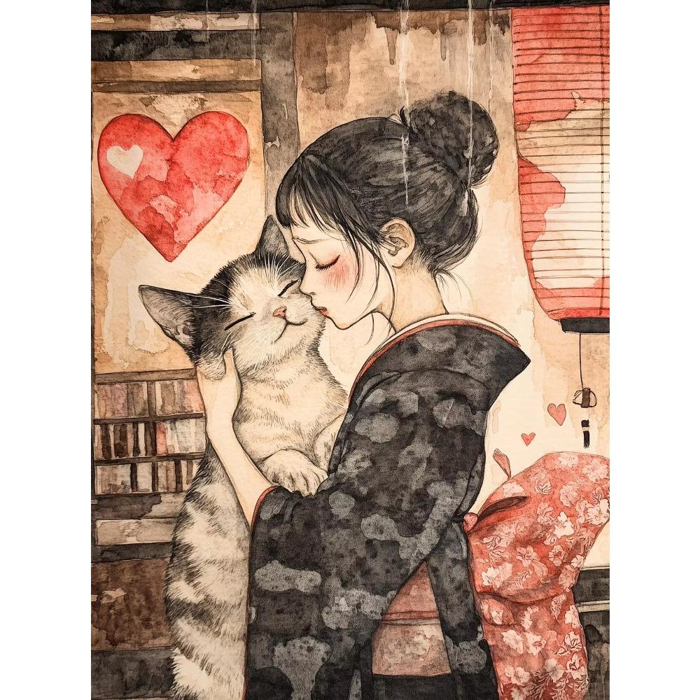 Canvas  Japanese Black Cat Bathing Moon Lucky Cartoon Illustration Retro Poster Wall Art Pictures Home Decor Wall Decor