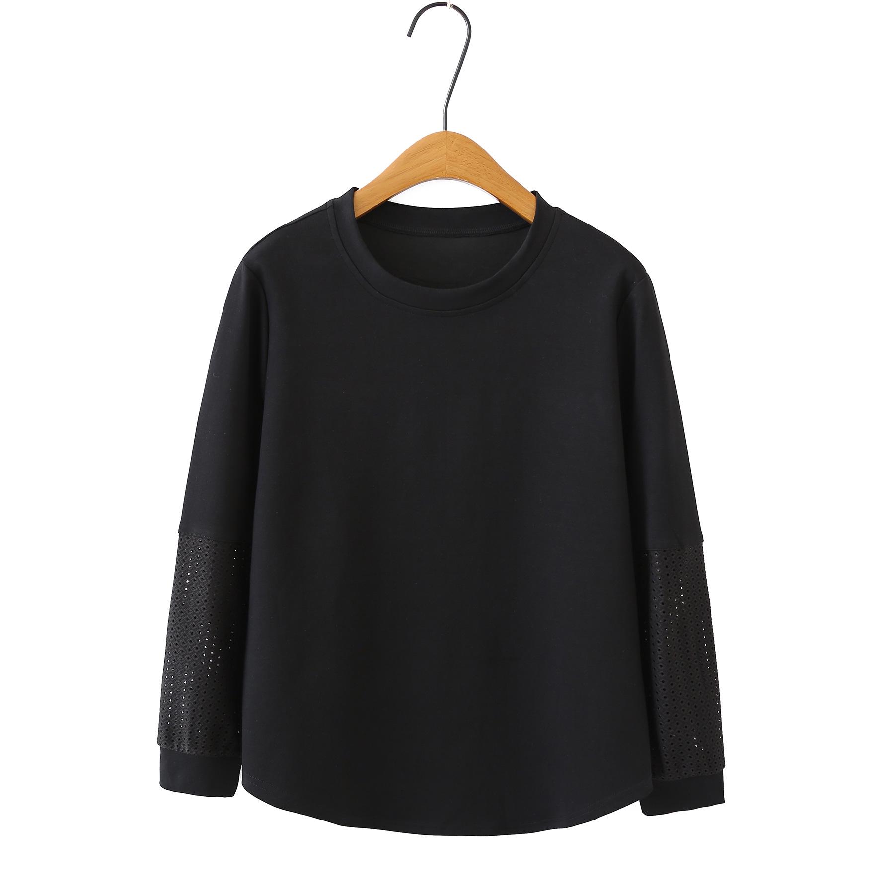 

2026 Spring Women s Plus Size Long Sleeve Hollow-Out Patchwork 2-in-1 T-shirt, Round Neck Casual Versatile Top. 3XL чорний