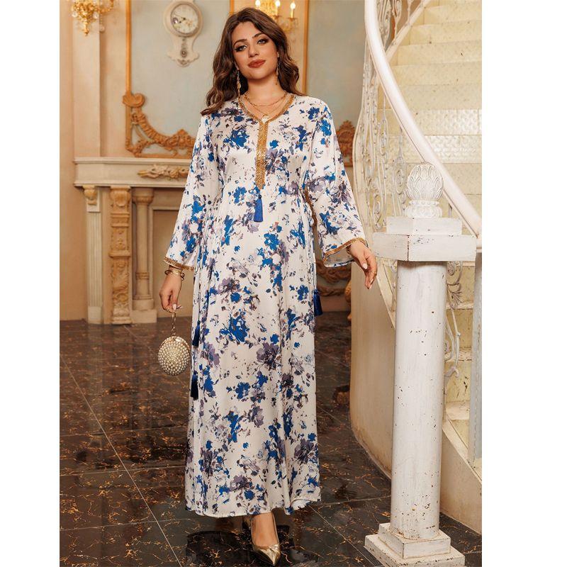 

Middle East Foreign Trade Print Robe Elegant Soft Home Waist Lace-up Waist Hugging Tassel Dress Dresses Blue 2XL